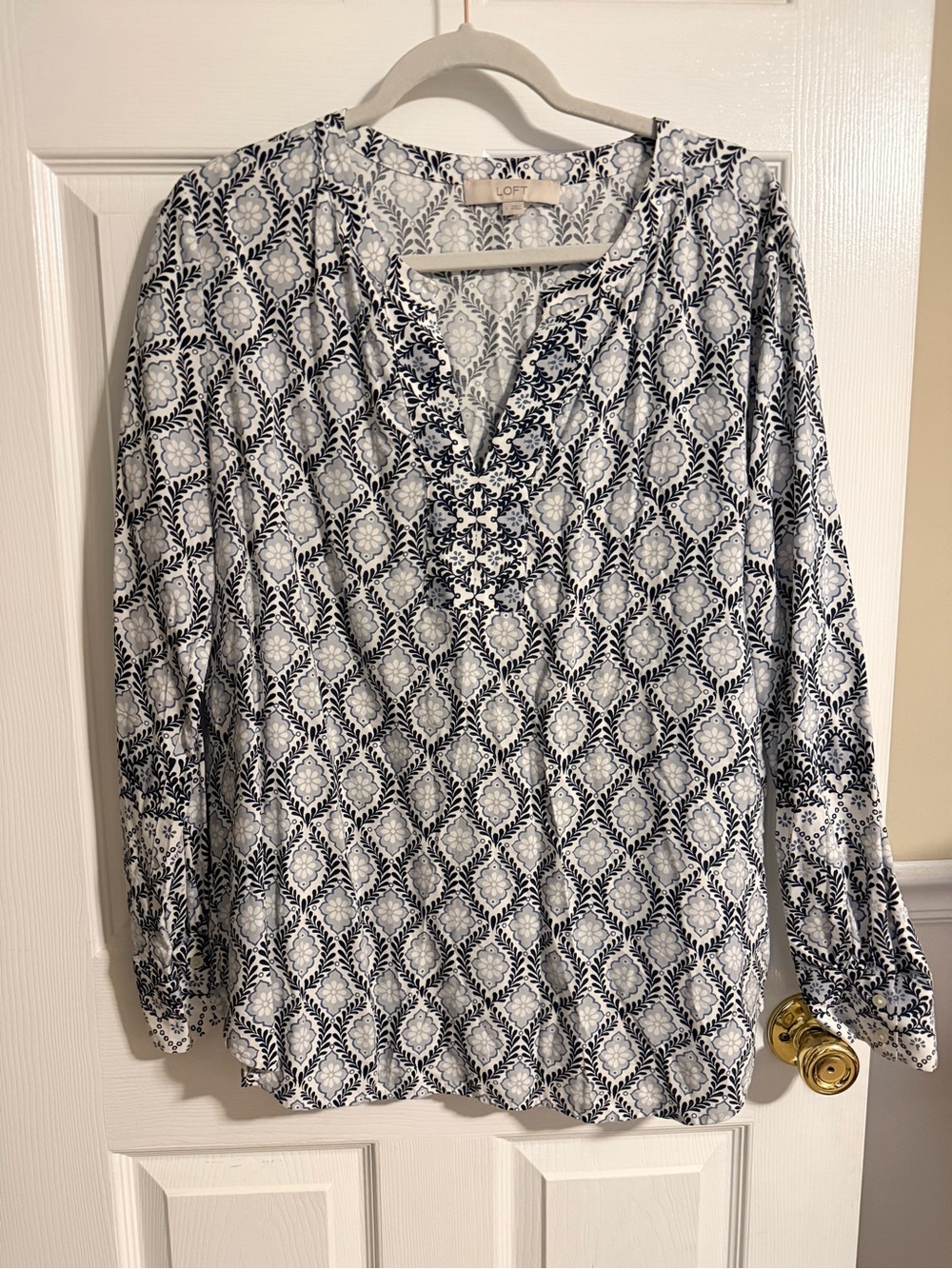 LOFT Navy and White Printed V-Neck Tunic Blouse